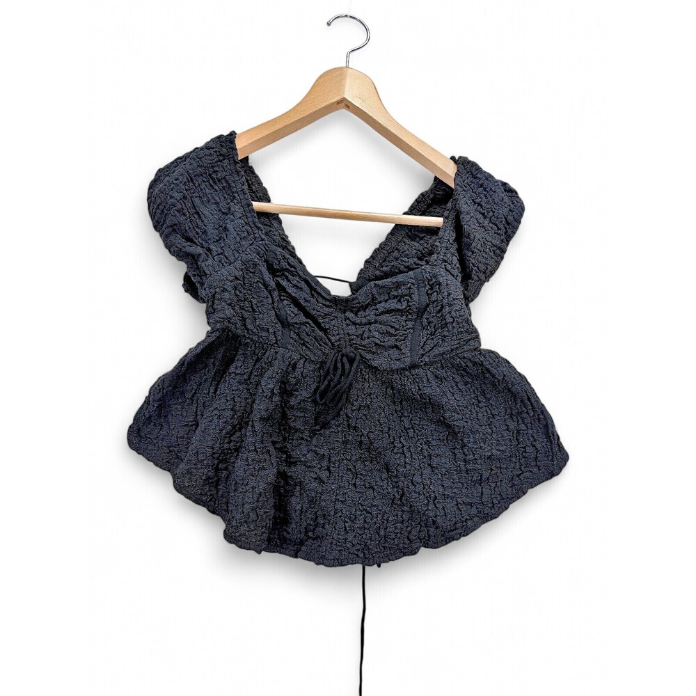 Urban Outfitters Black Textured Corset Tie-Back Peplum Top M - Picture 1 of 10